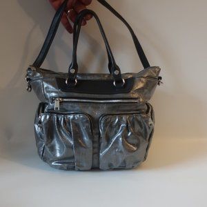 Womens MZ Wallace Abby Gunmetal Black Zipper Pockets Metallic Leather Tote Bag *